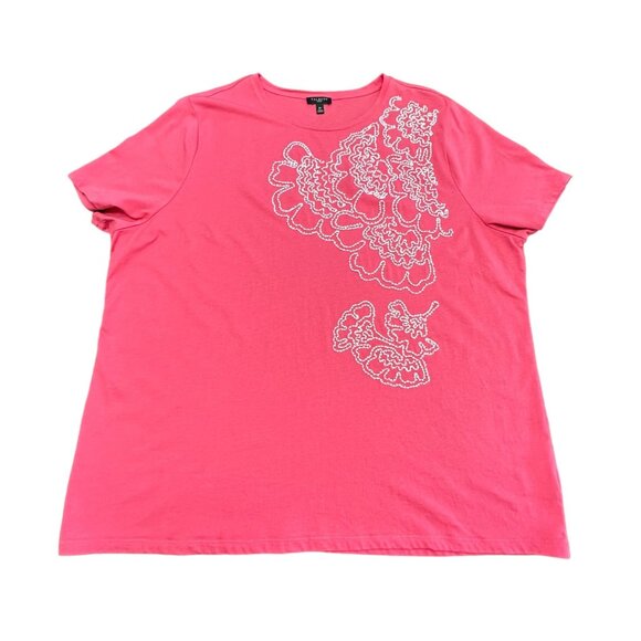Talbots Shirt Women 3x Pink Short Sleeve Round Neck Bead Embroidered Floral - Picture 5 of 10